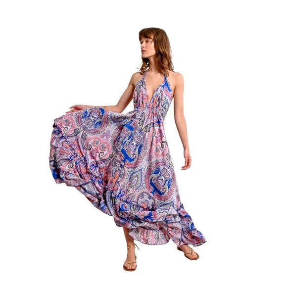 Molly Bracken Ladies Woven Long Backless Dress Multicolor Paisley XL Ruffle Hem - Picture 3 of 10